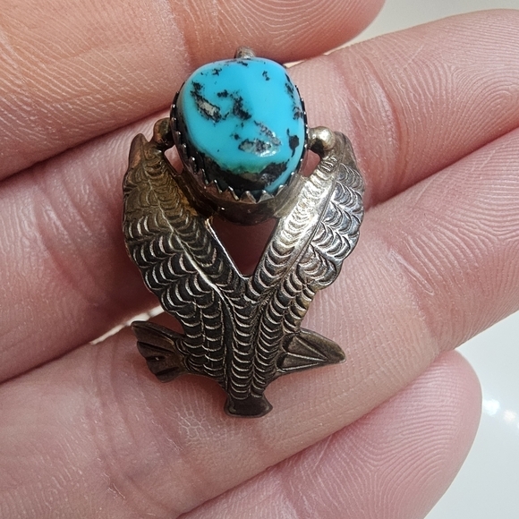 Sterling Silver Chucky Turquoise Eagle Bird Pendent Necklace .925 Silver Chain - Picture 2 of 4